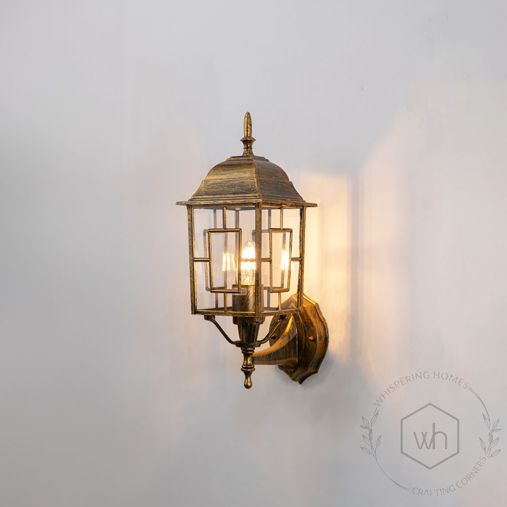 Mexican Outdoor Wall Lantern - Gold Light On White Background