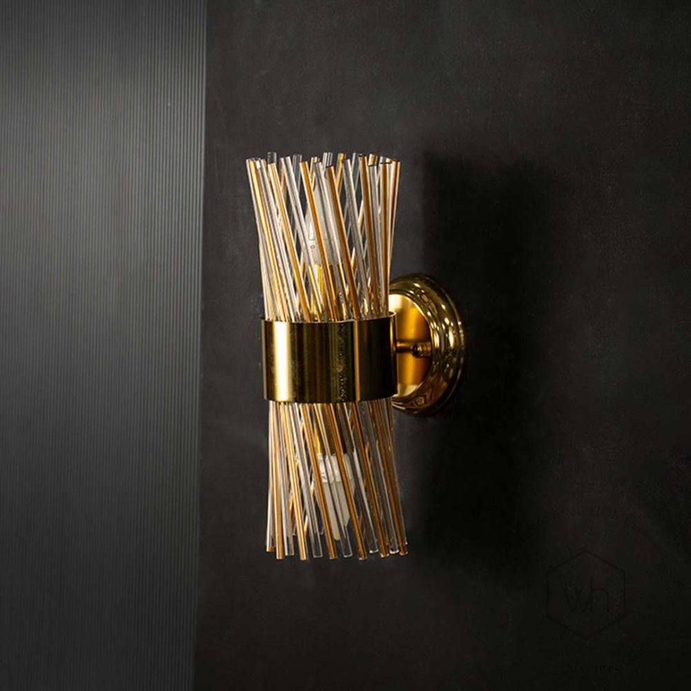 Modern Gold Crystal Glass & Metal Wall Sconce Light Off Black Background