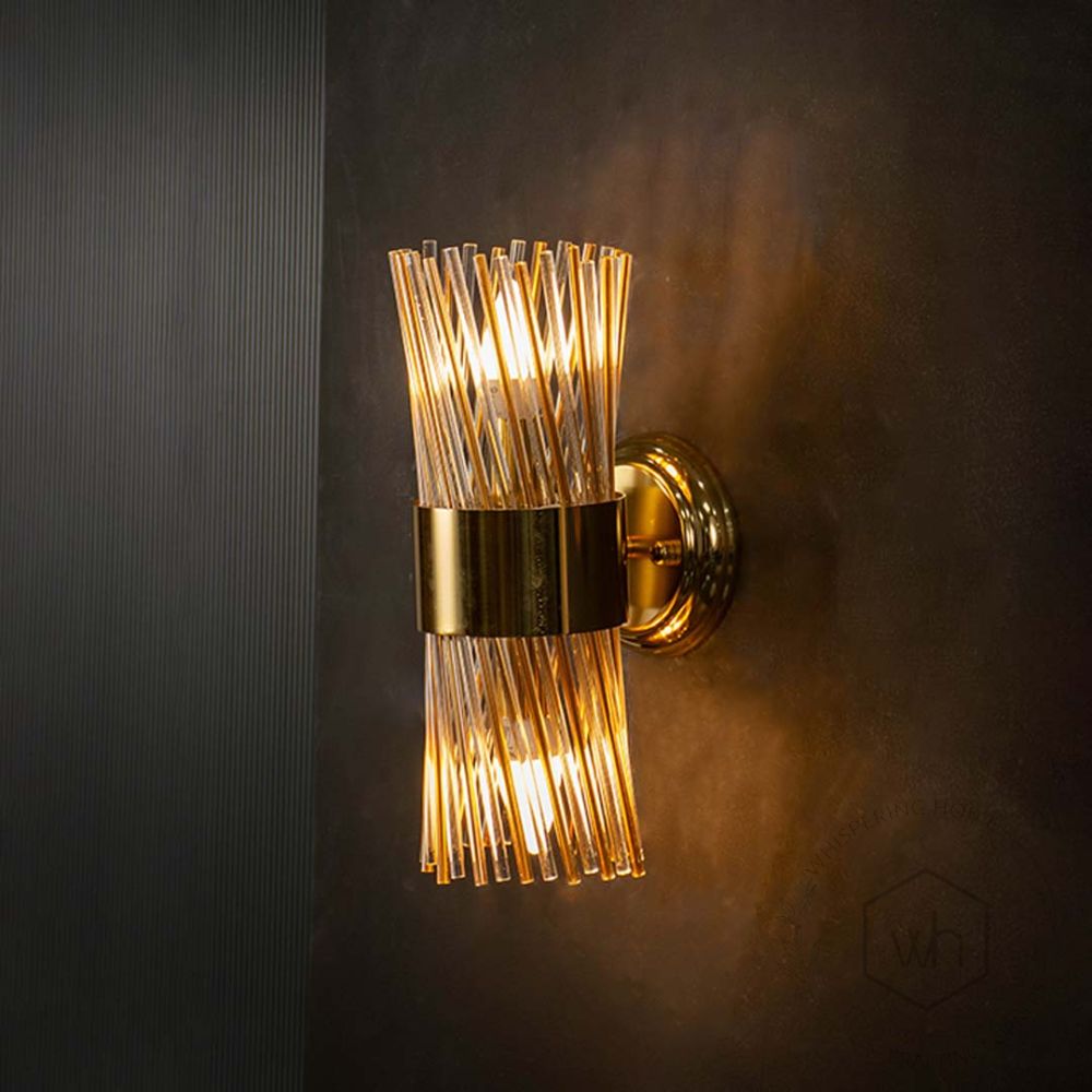 Modern Gold Crystal Glass & Metal Wall Sconce Light On Black Background