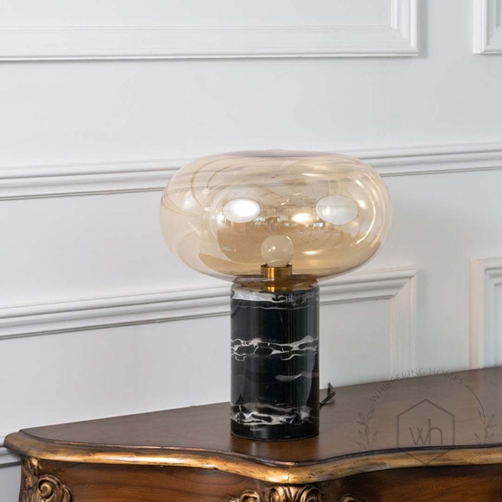 Nefol Black Marble Table Lamp With Golden Glass Shade Light Off White Background