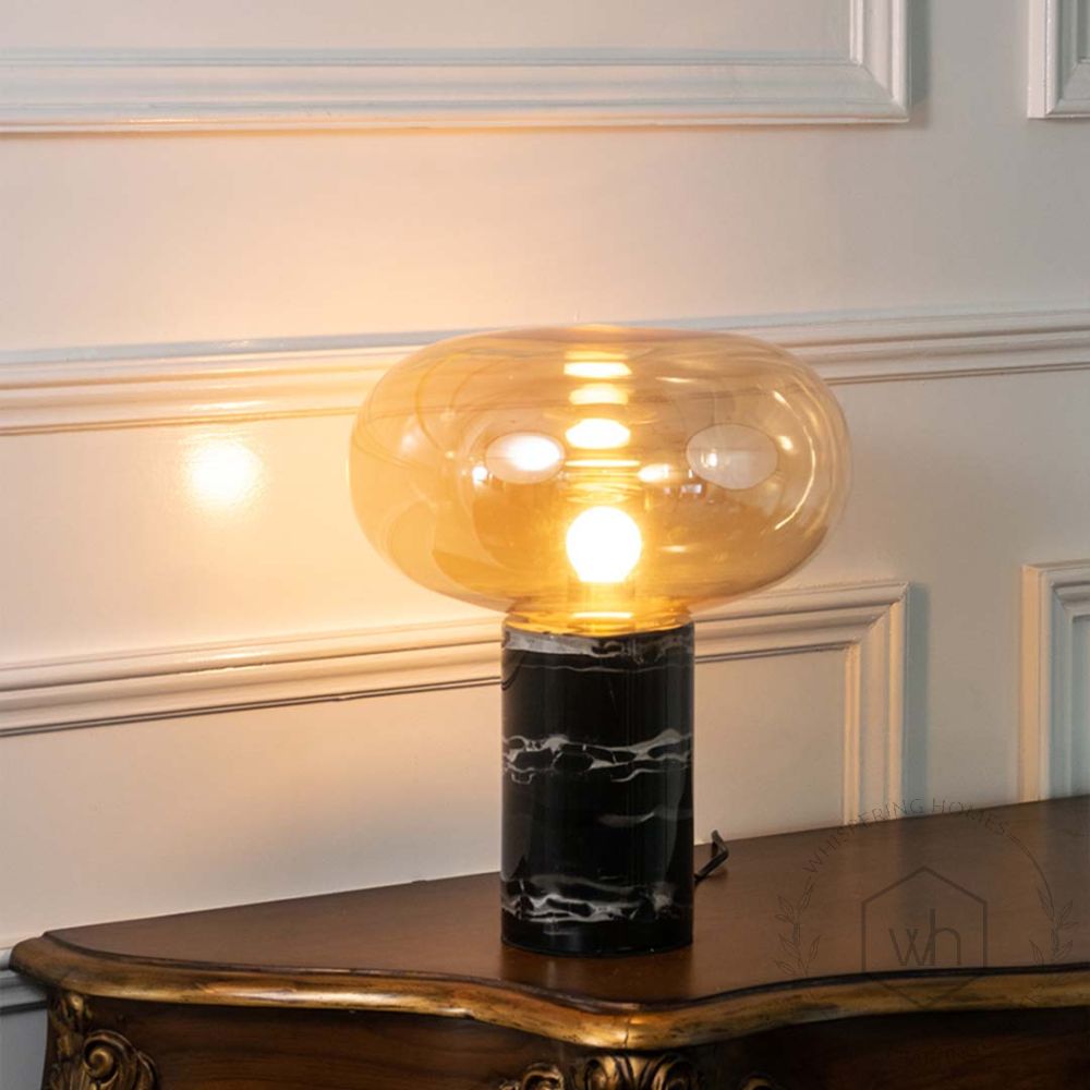 Nefol Black Marble Table Lamp With Golden Glass Shade Light On White Background