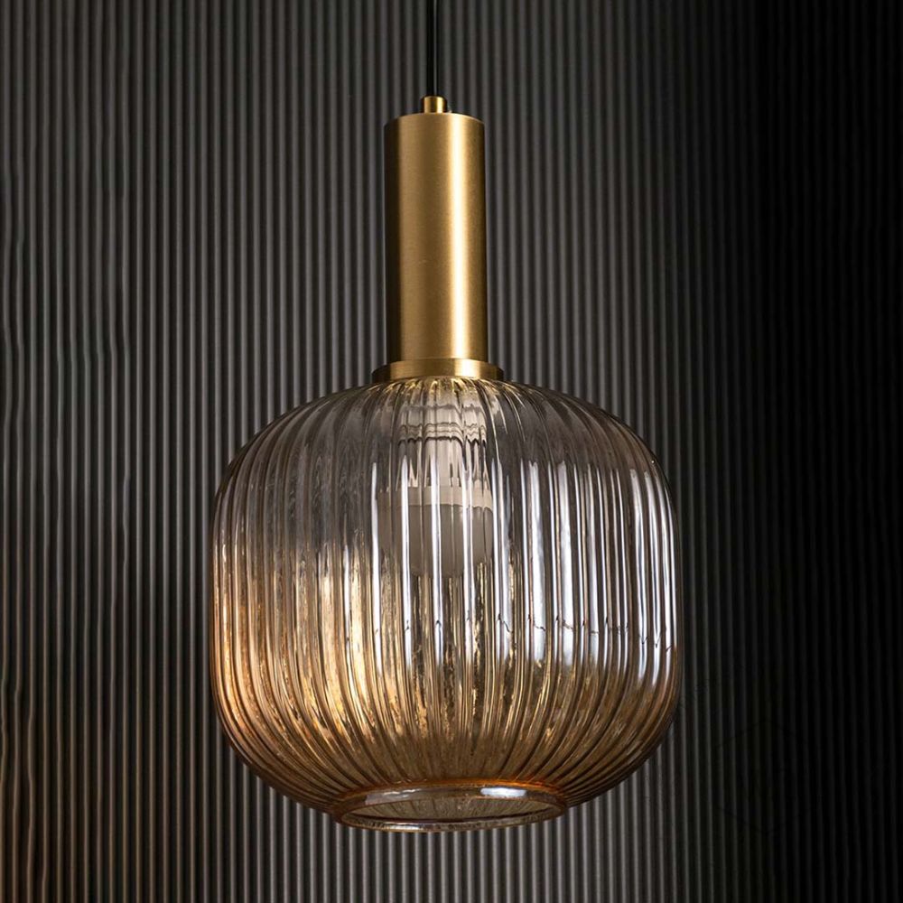 Nordic Style Ribbed Glass Pendant Light Light Off Black Background