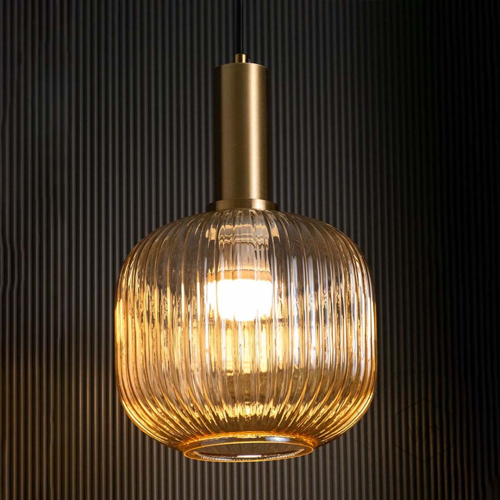 Nordic Style Ribbed Glass Pendant Light Light On Black Background