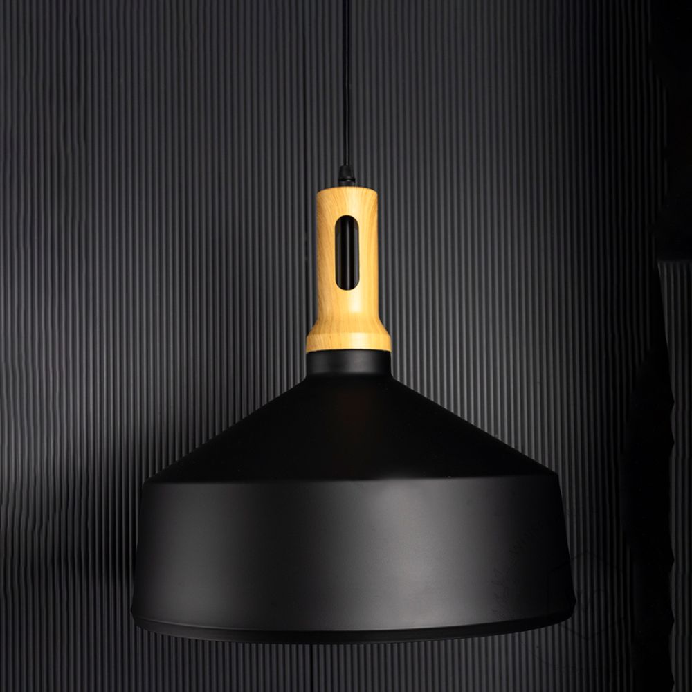 Olov Wood Top Scandinavian Style Black & Wood Hanging Light Light Off Black Background