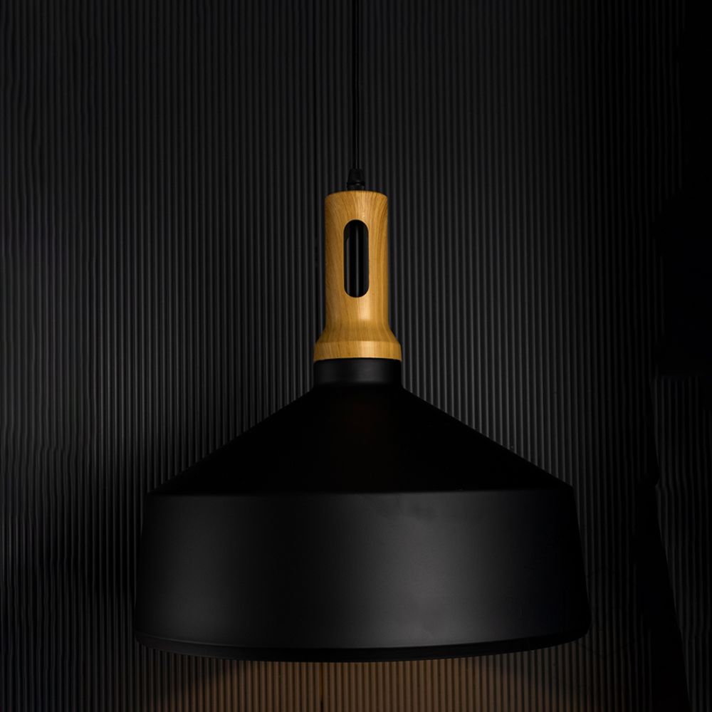 Olov Wood Top Scandinavian Style Black & Wood Hanging Light Light On Black Background