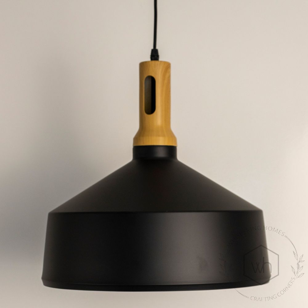 Olov Wood Top Scandinavian Style Black & Wood Hanging Light Light Off White Background