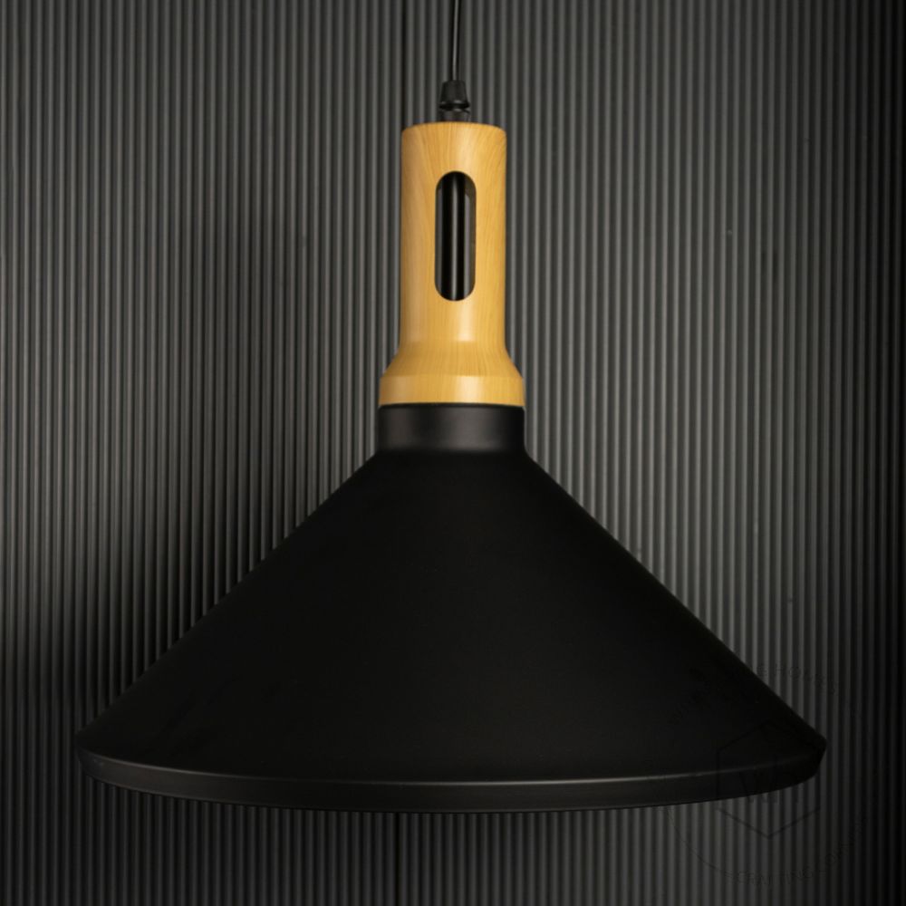 Olov Wood Top Scandinavian Style Pendant Light - Black & Wood Light Off Black Background