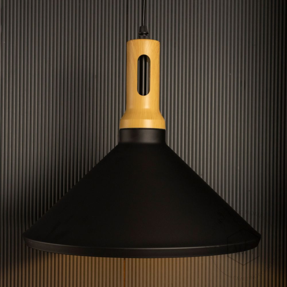 Olov Wood Top Scandinavian Style Pendant Light - Black & Wood Light On Black Background