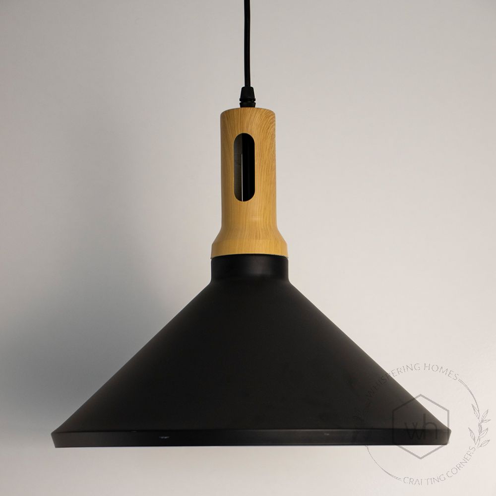 Olov Wood Top Scandinavian Style Pendant Light - Black & Wood Light Off White Background