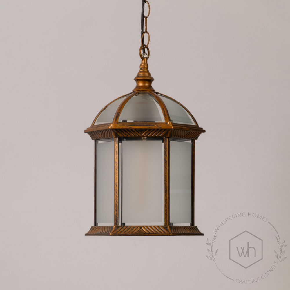 Calvino Arched Outdoor Hanging Lamp Frosted Glass Bronze light off white background