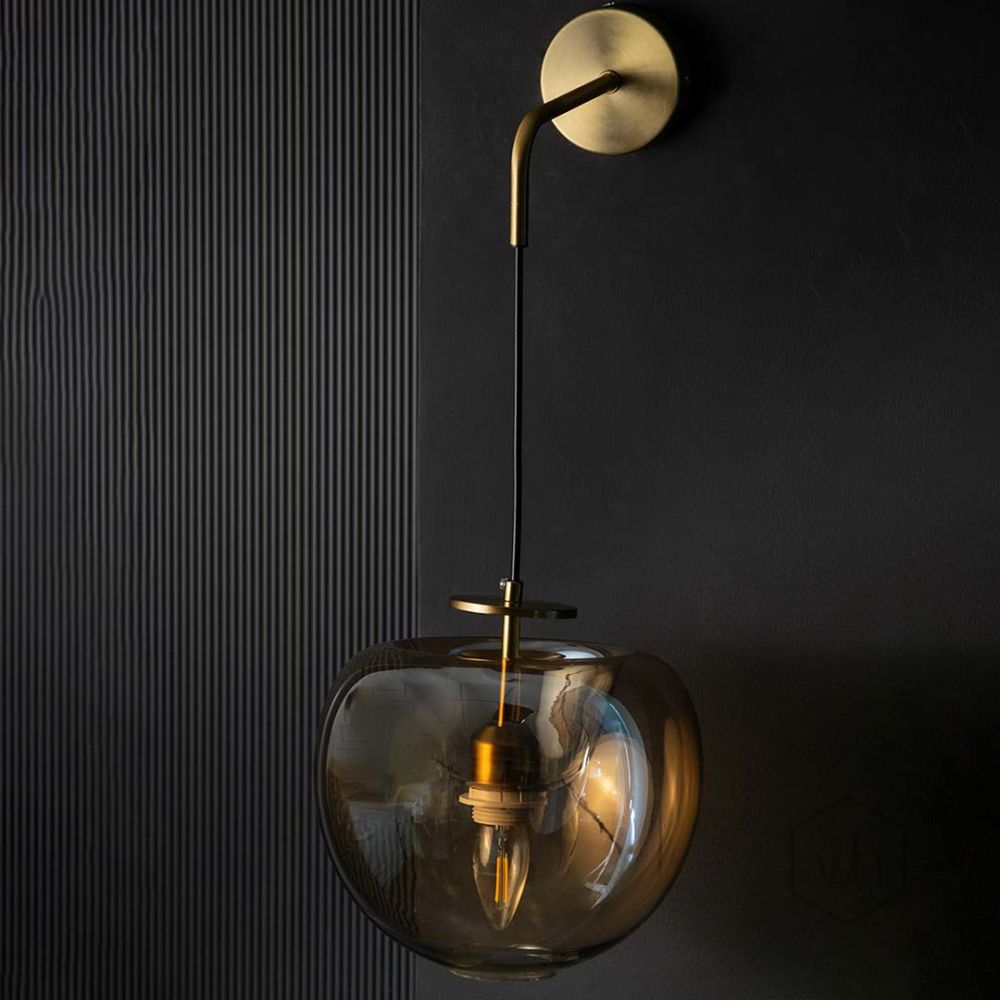 Single Head Golden GLass & Metal Wall Lamp Light Off Black Background