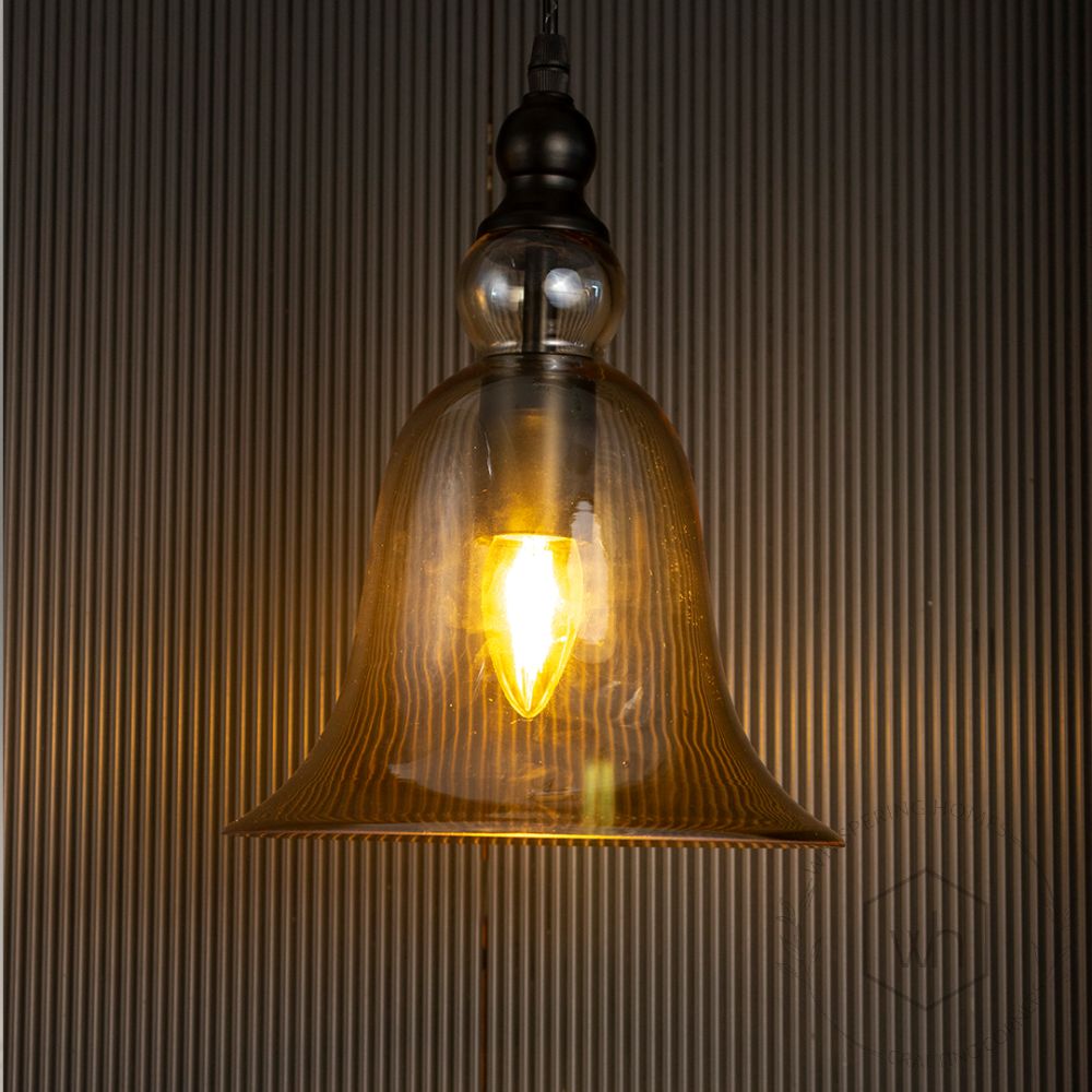 Temple Bell Shape Black & Amber Pendant Light Light On Black Background