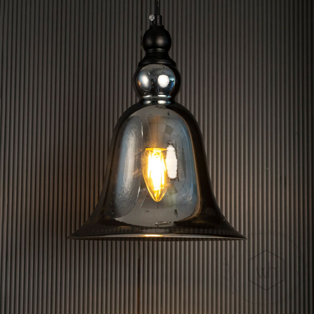 Temple Bell Shape Black & Smoky Pendant Light Light On Black Background