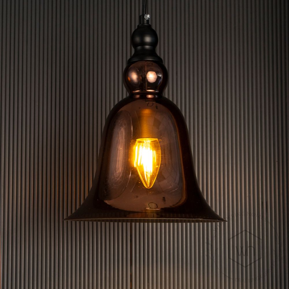 Temple Bell Shape Red & Glass Pendant Light Light On Black Background