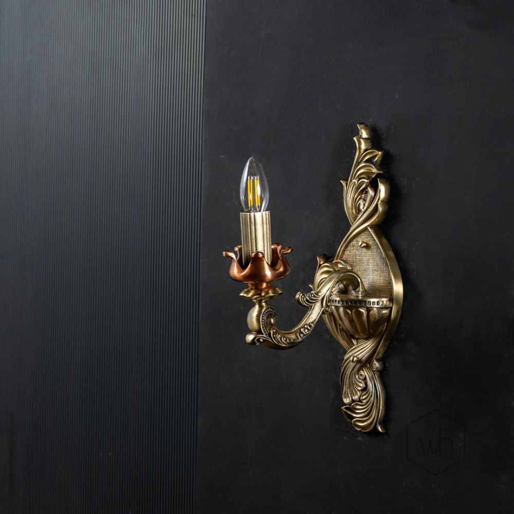 Traditional Aluminium Gold Candelabra Wall Light Light Off Black Background