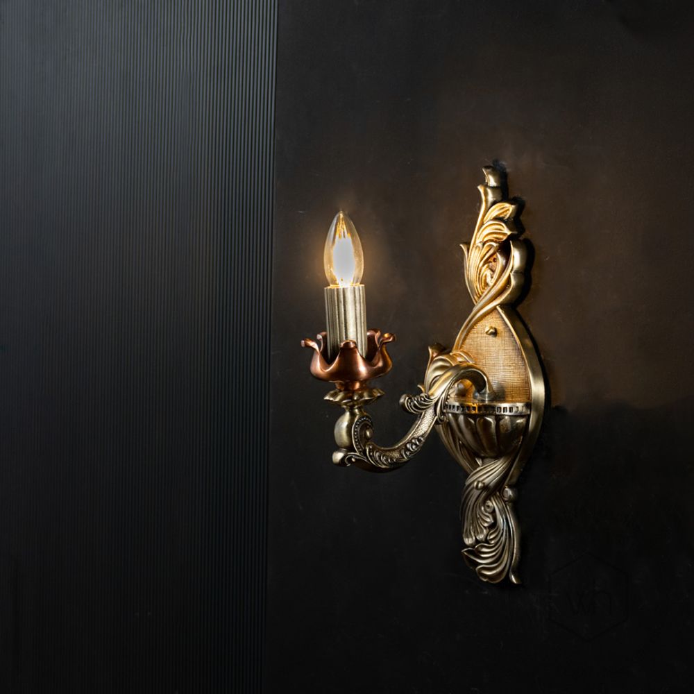 Traditional Aluminium Gold Candelabra Wall Light Light On Black Background