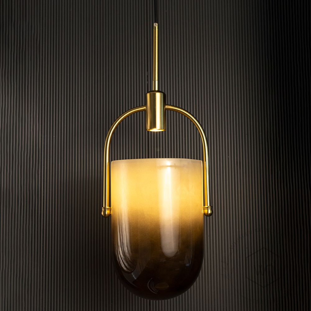 TURA Contemporary Brass & Black Gradient Glass Pendant Light Light On Black Background