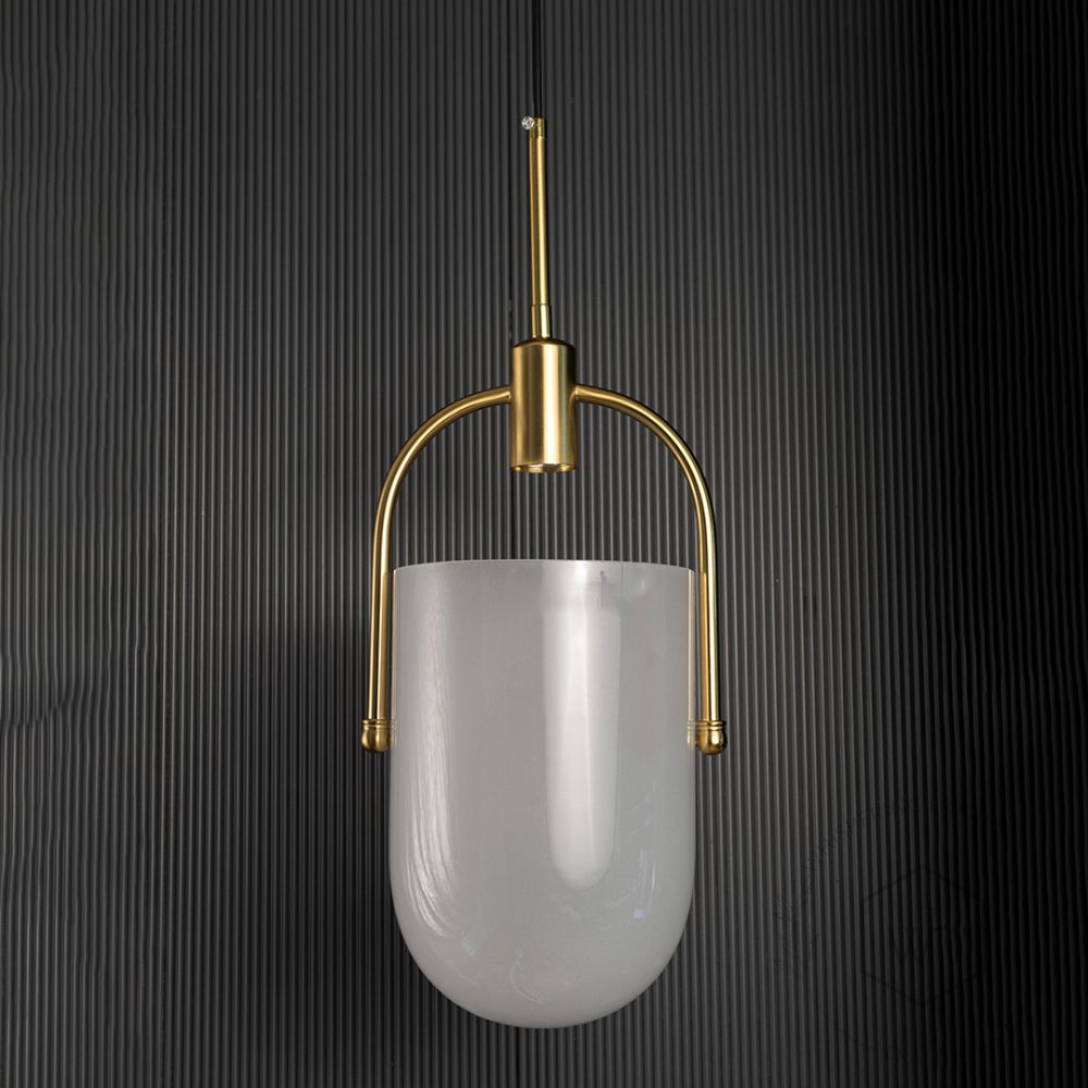 TURA Contemporary Brass & Milk White Glass Pendant Light Light Off Black Background