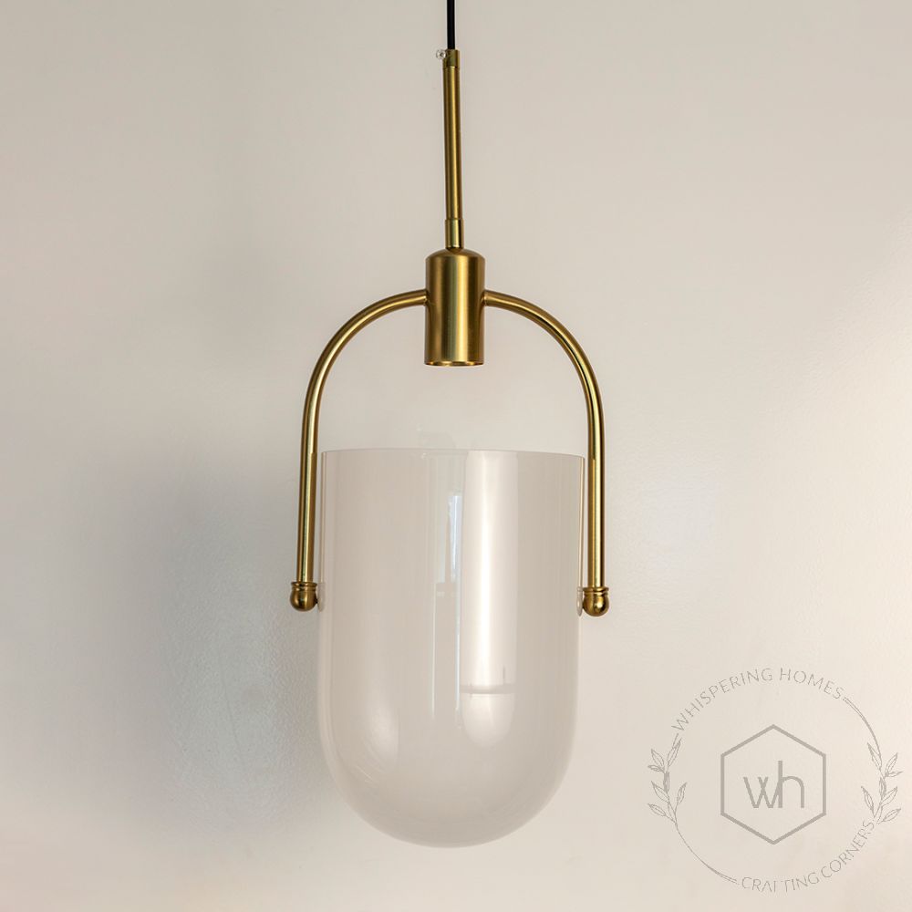 TURA Contemporary Brass & Milk White Glass Pendant Light Light Off White Background