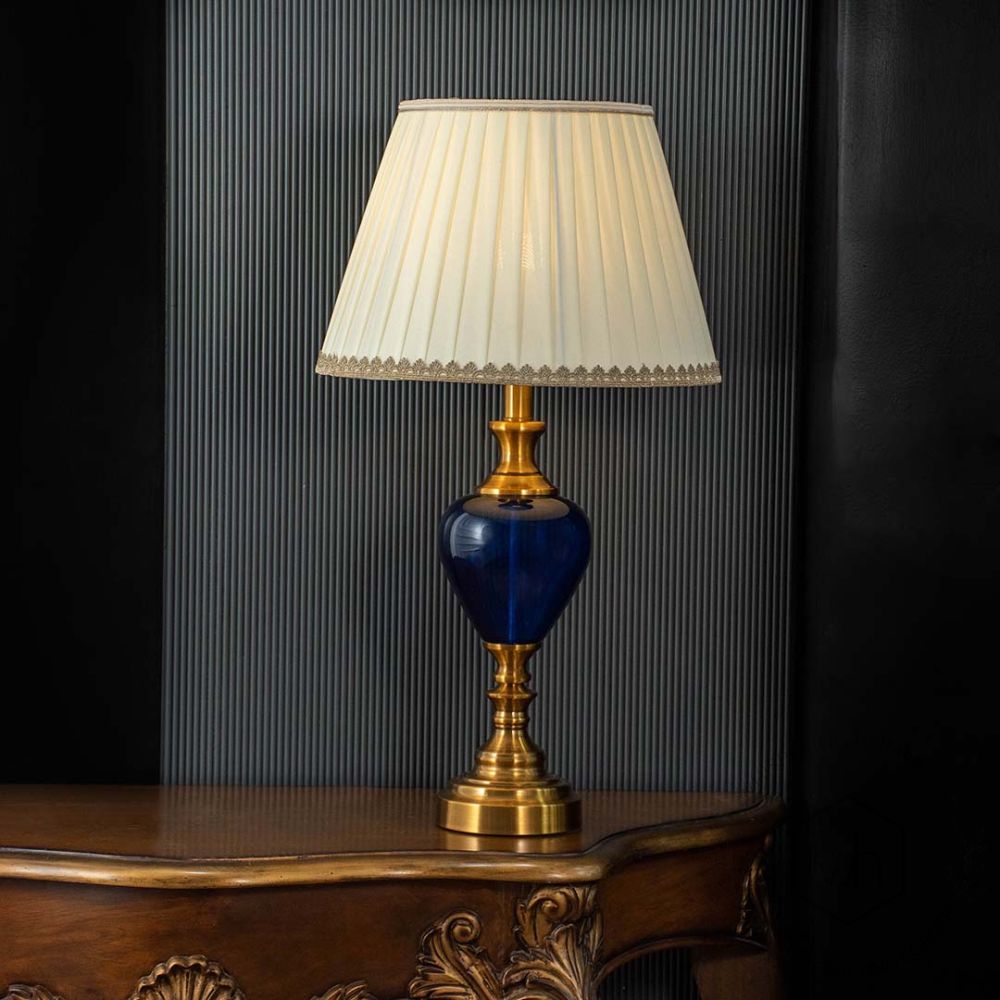 Vintage Table Lamp - Gold & Blue Light On Black Background