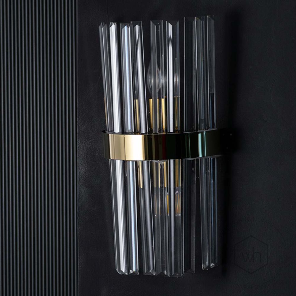 Crystal Glass Modern Gold Metal Wall Sconce Light Off Black Background