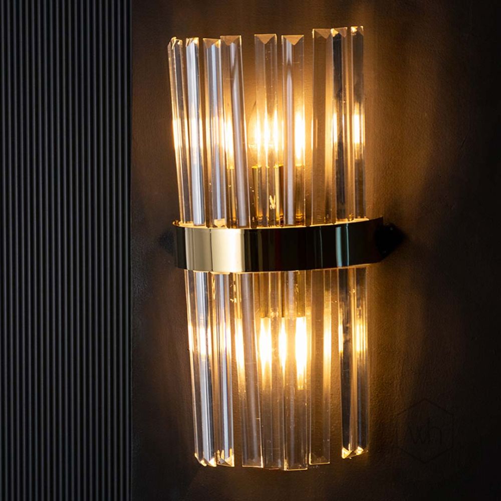 Crystal Glass Modern Gold Metal Wall Sconce Light On Black Background