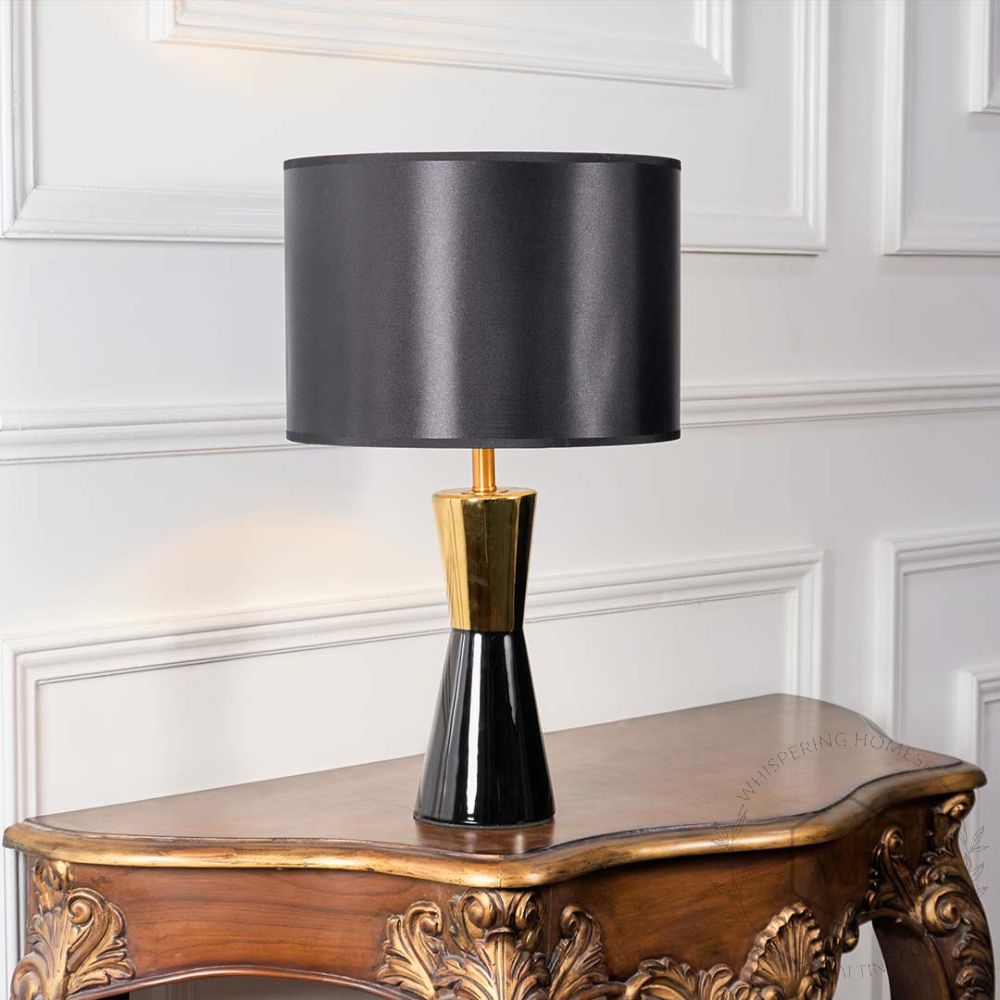 Wellen Black Ceramic Table Lamp with Black Shade Light On White Background