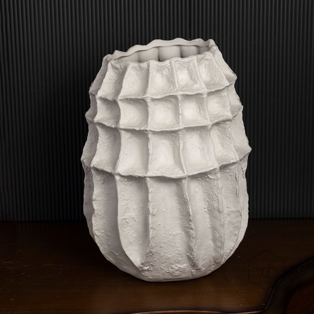 White Textured Long Ceramic Vase Black Background