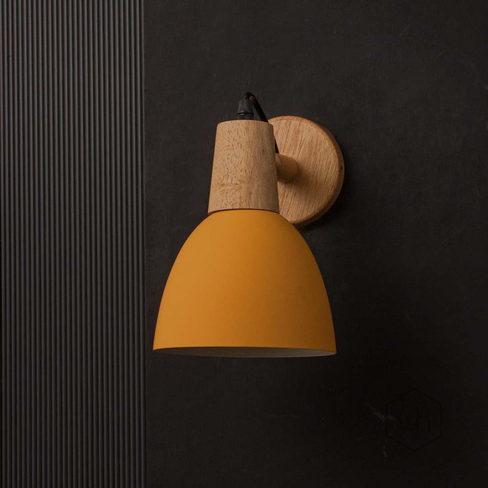 Dome Wooden Wall Light - Yellow Light Off Black Background