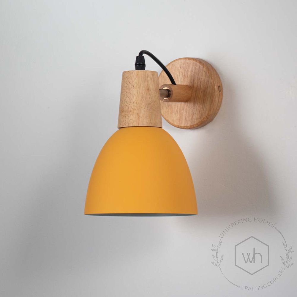 Dome Wooden Wall Light - Yellow Light Off White Background