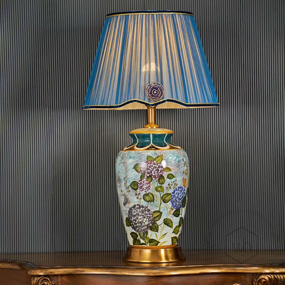 Zest Floral Pattern Multicolor Ceramic Table Lamp with Blue Shade