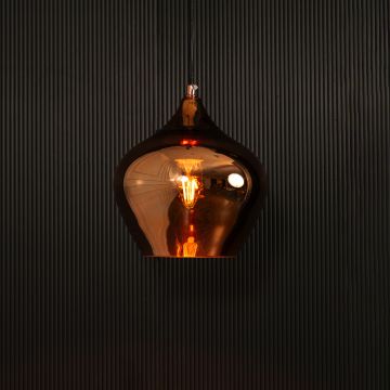 Contemporary Style Glass Hanging Pendant Light- Rose Gold Light on black background