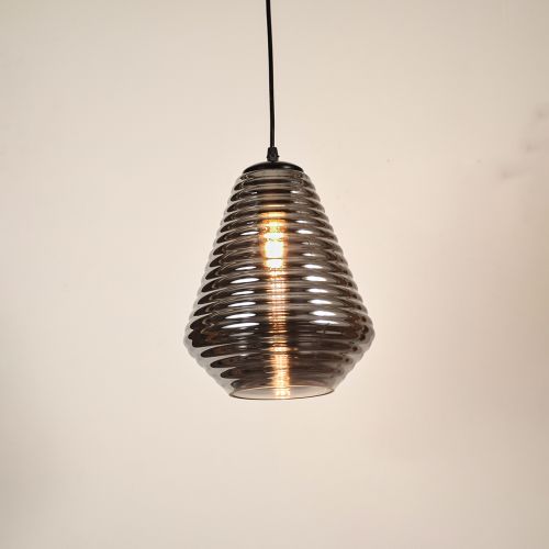 Camber Ribbed Glass Pendant LightLight On White Background