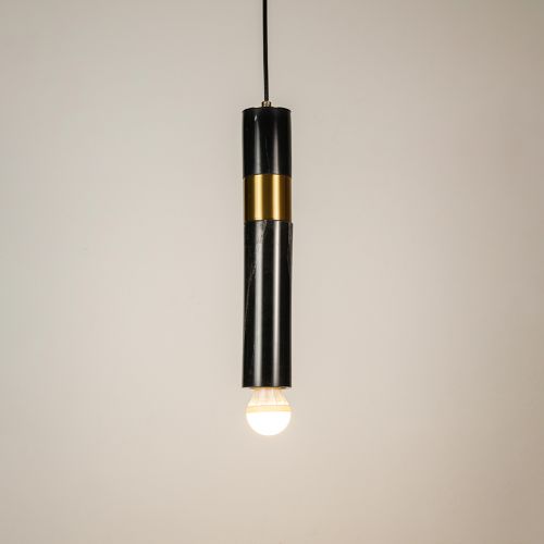 Trapezoid Marble Hanging Light - Black & GoldLight On White Background