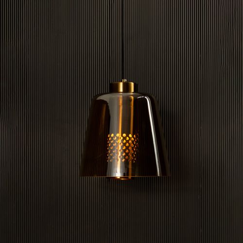 Conical Mesh Hanging Light Amber Light On Black Background