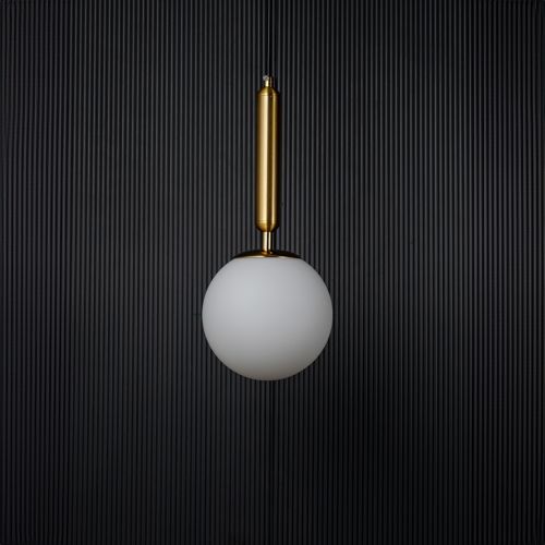 Frosted Sphere Pendant Light - Gold Light Off Black Background