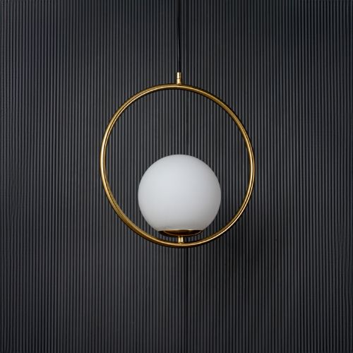 Frosted Glass Pendant Light - Gold Light Off Black Background