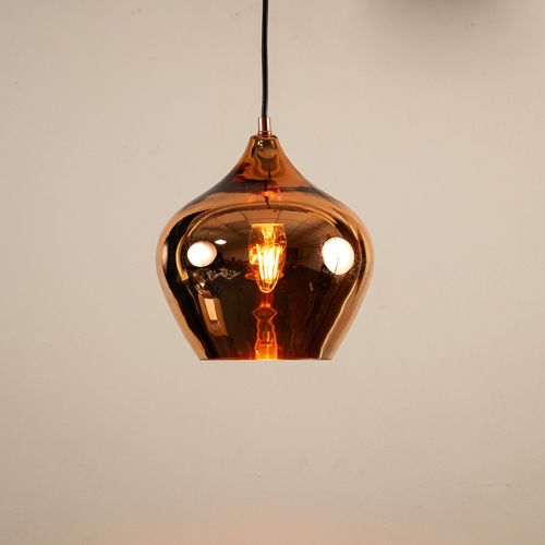 Contemporary Style Glass Hanging Pendant Light- Rose Gold Light On White Background