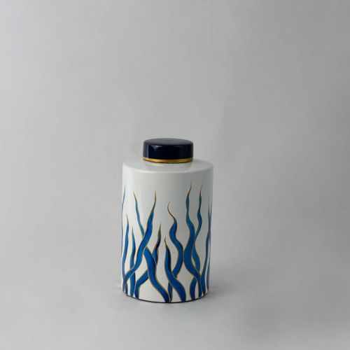 Blue Seaweed Painted Ceramic Jar - Small