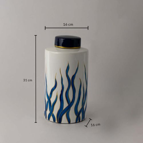 Blue Seaweed Painted Ceramic Jar - Large Dimensions