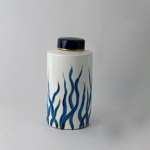 Blue Seaweed Painted Ceramic Jar - Large