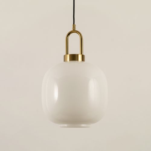 White Round Glass Shade Gold Metal Pendant Light Closeup