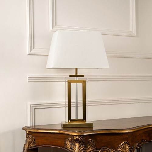 Regeco Gold Metallic Table Lamp with White Shade Light Off White Background