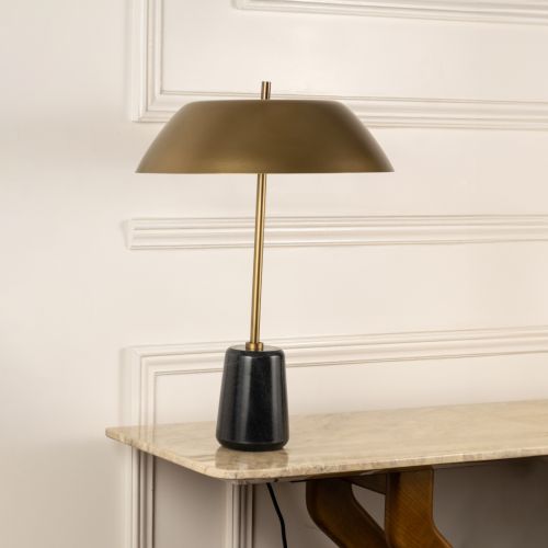 Sayra Table Lamp Brass Shade Light Off White Background