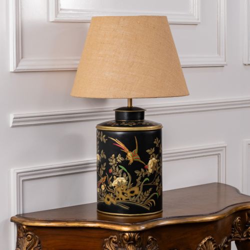 Gilded Phoenix Black Metal Table Lamp with Beige Linen Lamp shade Light Off White Background