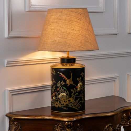 Gilded Phoenix Black Metal Table Lamp with Beige Linen Lamp shade Light On White Background