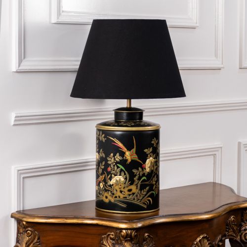 Gilded Phoenix Black Metal Table Lamp with Black Linen Lamp shade Light Off White Background