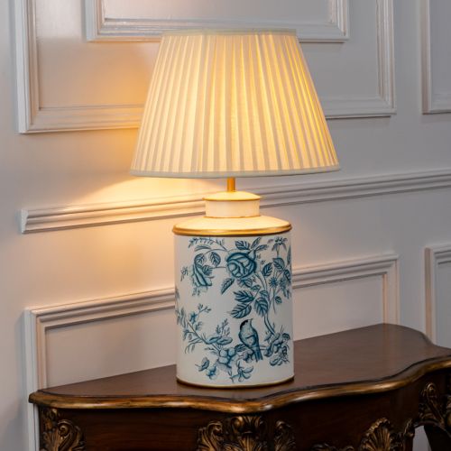 Indigo Chintz Metal Table Lamp with Off White Pleated Lamp shade Light On White Background