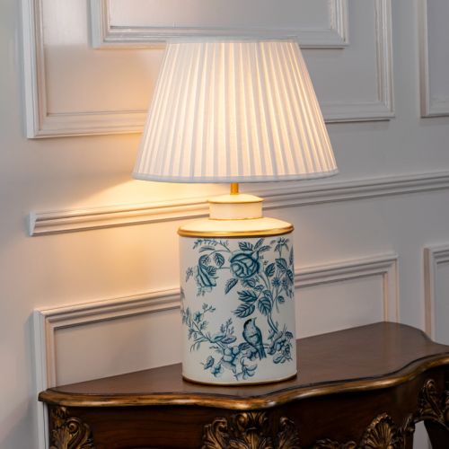 Indigo Chintz Metal Table Lamp with White Pleated Lamp shade Light On White Background