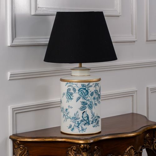 Indigo Chintz Metal Table Lamp with Black Linen Lamp shade Light Off White Background